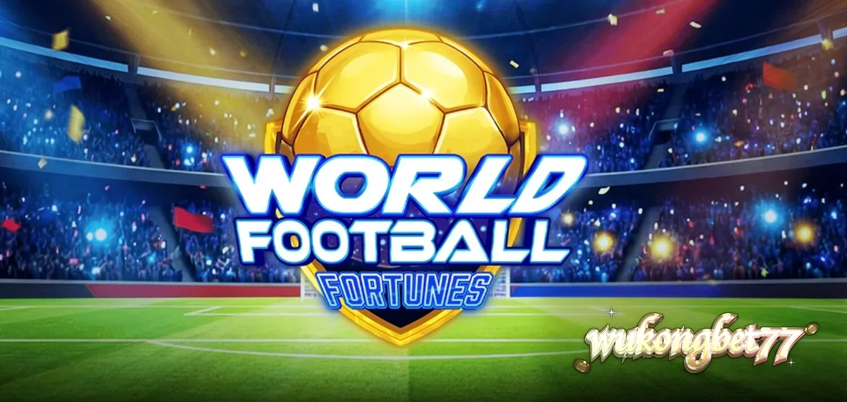 Pemain sepak bola merayakan gol di stadion yang penuh sesak, dengan gulungan slot World Football Fortunes di latar depan.